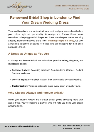 Renowned Bridal Shop in London to Find Your Dream Wedding Dress