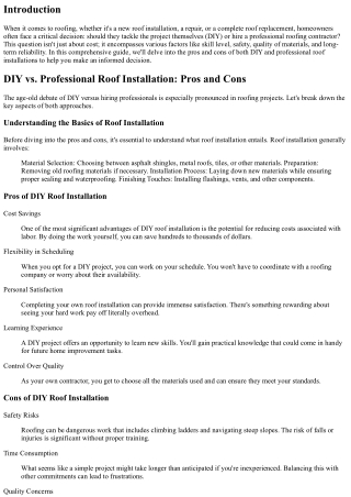DIY vs. Professional Roof Installation: Pros and Cons