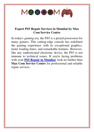 Expert PS5 Repair Services in Mumbai by Max Com Service Centre