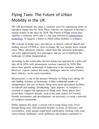 Flying Taxis: The Future of Urban Mobility in the UK