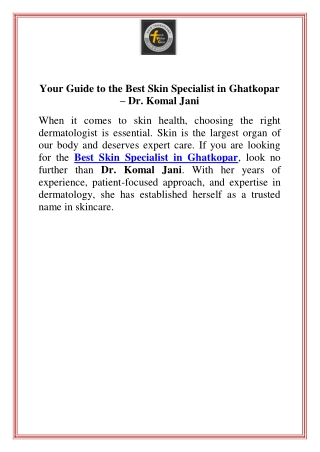 Your Guide to the Best Skin Specialist in Ghatkopar – Dr. Komal Jani