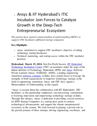 Ansys & IIT Hyderabad’s iTIC Incubator Join Forces to Catalyze Growth in the Dee