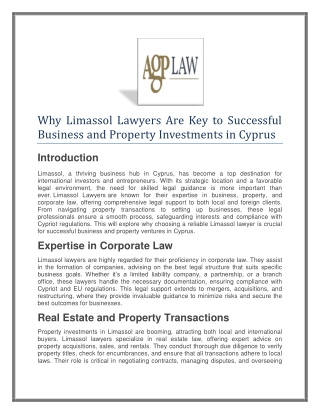 Why Limassol Lawyers Are Key to Successful Business and Property Investments in Cyprus