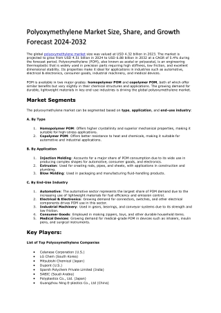 Polyoxymethylene Market Size, Share, and Growth Forecast 2024-2032