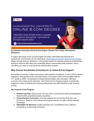 Kurukshetra University Online B.Com Degree | Flexible & Accredited Online Educat
