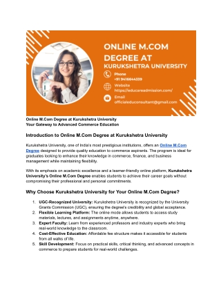 Online M.Com Degree at Kurukshetra University | Flexible & Accredited Program
