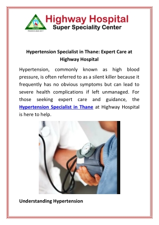 Hypertension Specialist in Thane Expert Care at Highway Hospital