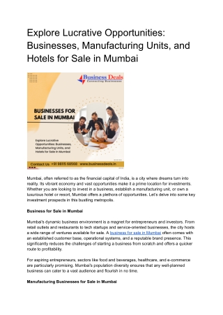 Explore Lucrative Opportunities Businesses, Manufacturing Units, and Hotels for Sale in Mumbai