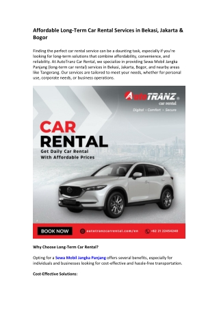Affordable Long-Term Car Rental Services in Bekasi, Jakarta & Bogor