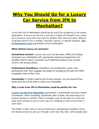 Why You Should Go for a Luxury Car Service from JFK to Manhattan