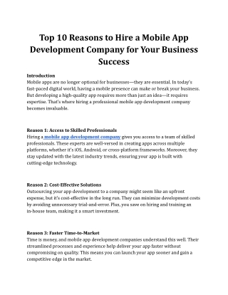 Top 10 Reasons to Hire a Mobile App Development Company for Your Business Success