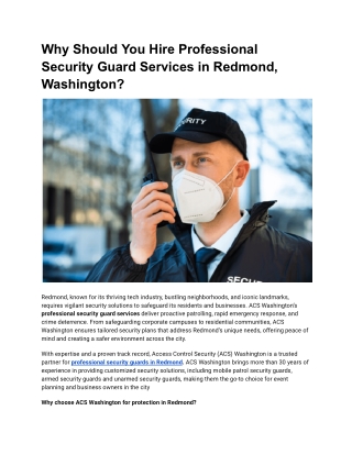 Why Should You Hire Professional Security Guard Services in Redmond, Washington