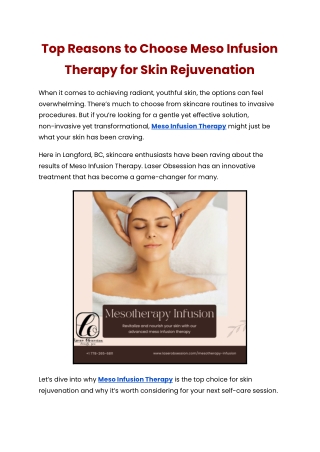 Top Reasons to Choose Meso Infusion Therapy for Skin Rejuvenation