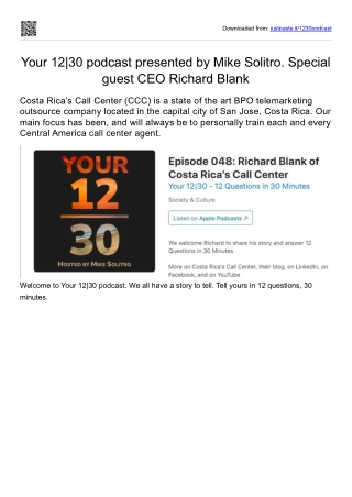 Your 12 Questions 30 Minutes Podcast CX guest Richard Blank Costa Rica's Call Center