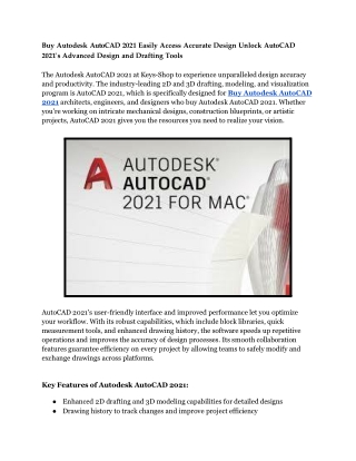 Buy Autodesk AutoCAD 2021 Easily Access Accurate Design Unlock AutoCAD 2021's Advanced Design and Drafting Tools