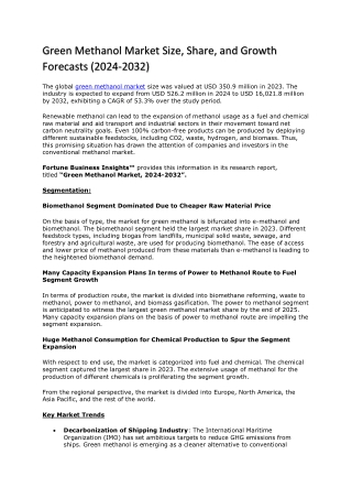 Comprehensive Overview of the Global Green Methanol Market (2024-2032)