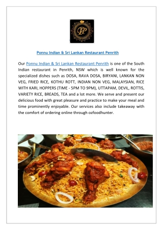 Ponnu Restaurant Penrith - View Menu & Order Online