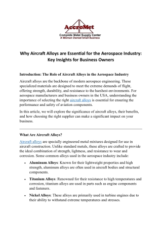 Why Aircraft Alloys are Essential for the Aerospace Industry  Key Insights for Business Owners