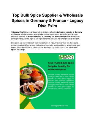 Top Bulk Spice Supplier & Wholesale Spices in Germany & France - Legacy Dive Exim