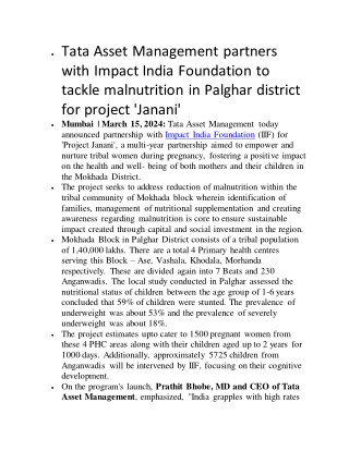 Tata Asset Management partners with Impact India Foundation to tackle malnutrition in Palghar district for project