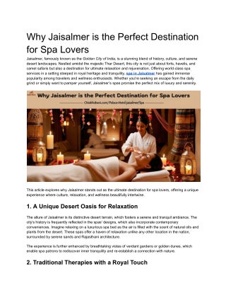 Why Jaisalmer is the Perfect Destination for Spa Lovers