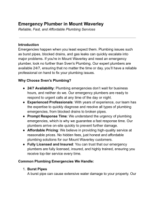 Emergency Plumber Services in Mount Waverley – Fast & Reliable Solutions