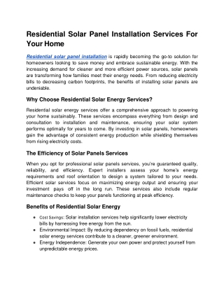 Residential Solar Panel Installation Services For Your Home