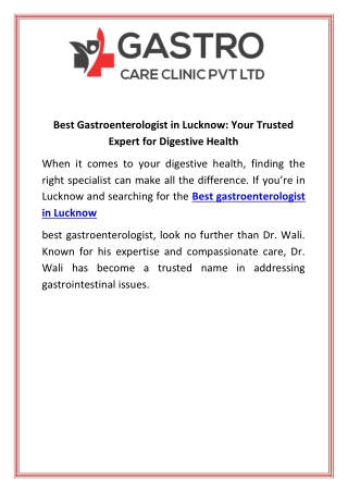 Best Gastroenterologist in Lucknow Your Trusted Expert for Digestive Health