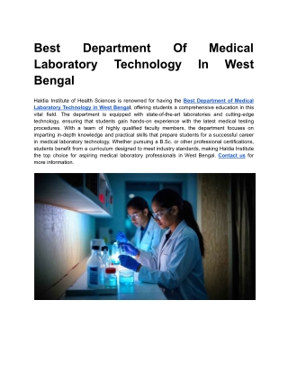 Best Department Of Medical Laboratory Technology In West Bengal