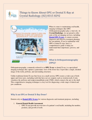 Things to Know About OPG or Dental X Ray at Crystal Radiology. (02) 8315 8292