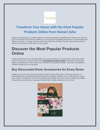 Transform Your Home with the Most Popular Products Online from Hamari Asha