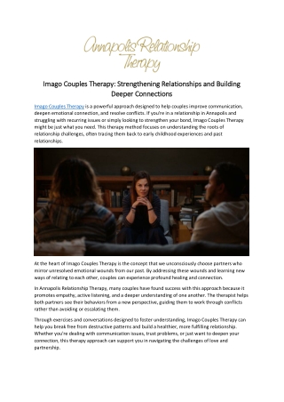 Imago Couples Therapy: Strengthening Relationships and Building Deeper Connectio