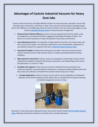 Advantages of Cyclonic Industrial Vacuums for Heavy Dust Jobs