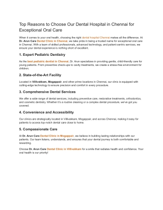 Top Reasons to Choose Our Dental Hospital in Chennai for Exceptional Oral Care
