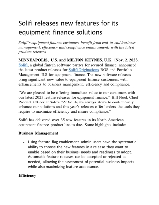 Solifi releases new features for its equipment finance solutions