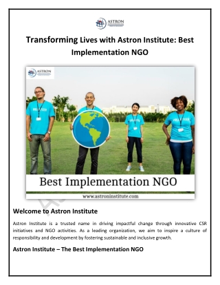 Transforming Lives with Astron Institute Best Implementation NGO