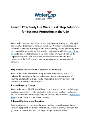 How to Effectively Use Water Leak Stop Solutions for Business Protection in the USA