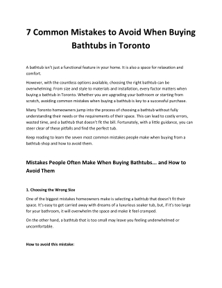 7 Common Bathtub Buying Mistakes in Toronto & How to Avoid Them