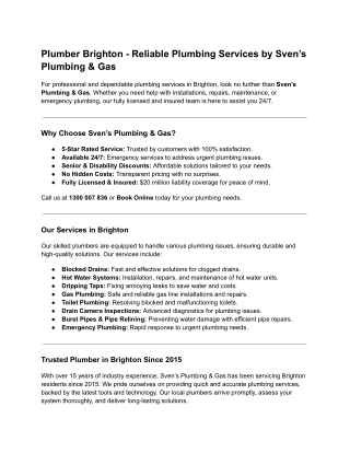 Plumber Brighton - Reliable Plumbing Services by Sven’s Plumbing & Gas