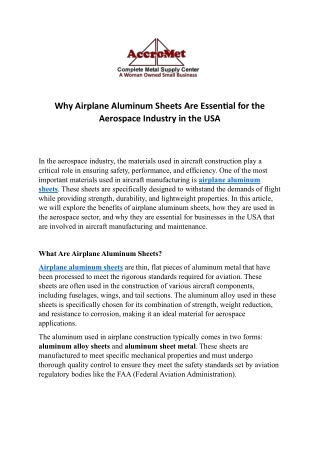 Why Airplane Aluminum Sheets Are Essential for the Aerospace Industry in the USA