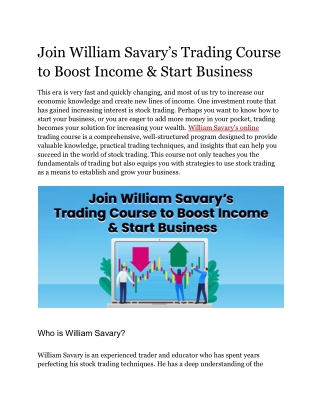 Join William Savary’s Trading Course to Boost Income & Start Business