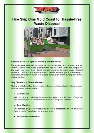 Hire Skip Bins Gold Coast for Hassle-Free Waste Disposal