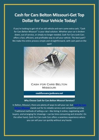 Cash for Cars Belton Missouri-Get Top Dollar for Your Vehicle Today!