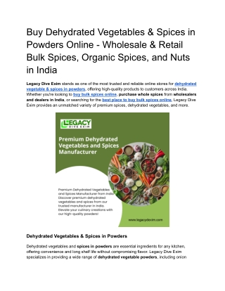 Top Online Store for Dehydrated Vegetables, Spices, Nuts, and Organic Bulk Spices in India - Legacy Dive Exim