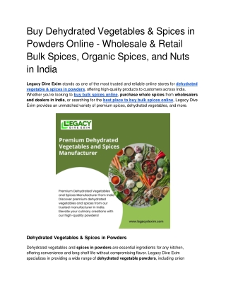Top Online Store for Dehydrated Vegetables, Spices, Nuts, and Organic Bulk Spices in India - Legacy Dive Exim