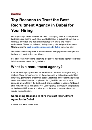 Top Reasons to Trust the Best Recruitment Agency In Dubai for Your Hiring