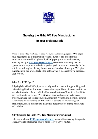 Choosing the Right PVC Pipe Manufacturer for Your Project Needs