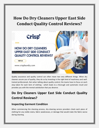 How Do Dry Cleaners Upper East Side Conduct Quality Control Reviews?