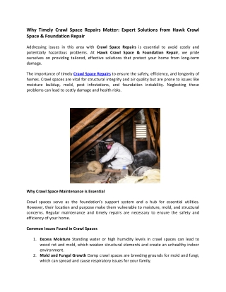 Why Timely Crawl Space Repairs Matter Expert Solutions from Hawk Crawl Space Foundation Repair