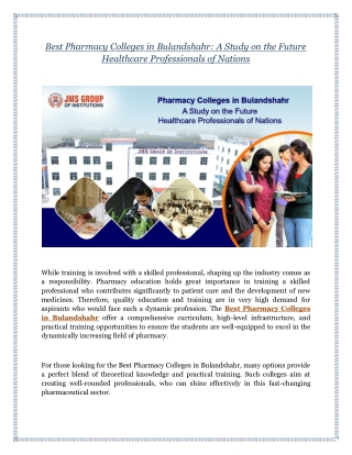 Best Pharmacy Colleges in Bulandshahr- A Study on the Future Healthcare Professionals of Nations